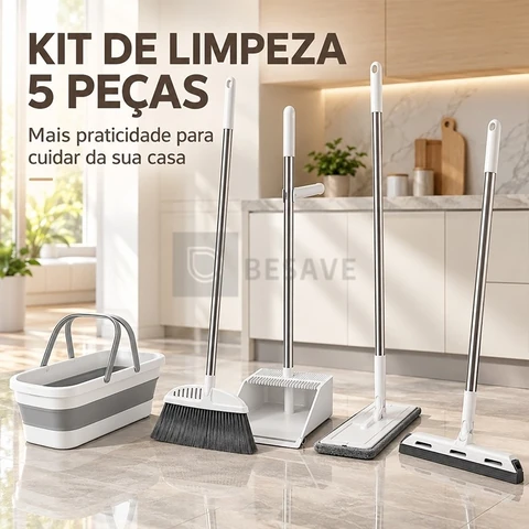 Kit Completo de 5 Peças para Limpeza Vassoura + Rodo + Pá +balde e Rodo Conjunto de esfregão -S7