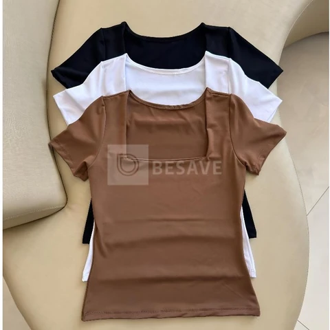 kit 3 Blusas Feminina Baby Look Manga Curta Gola Quadrada Decote Quadrado Moda Casual Versátil Blogueira 2025