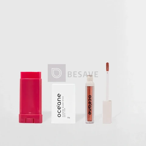 Kit Blush Em Bastão Rosa + Sombra Líquida Pêssego Océane