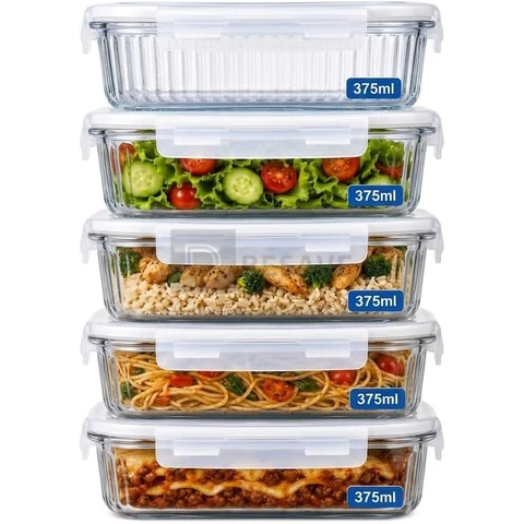 Kit 5 Potes de Vidro Herméticos 375ml – Tampa com Trava, Vedação Airtight, Ideal para Marmitas, Porta Mantimentos, Alimentos e Organização, Acabamento Premium