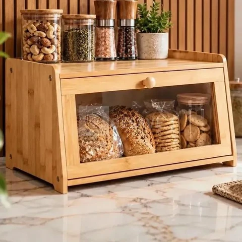 Porta Pão De Bambu Natural Com Tampa Transparente Caixa Organizadora De Cozinha Bancada Para Armazenar Pães Bolos Bisnagas Torradas Café Da Manhã Mesa Posta Multiuso Premium