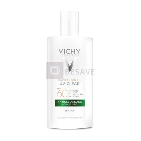 Vichy Capital Soleil UV-Clear Protetor Solar Facial Antioleosidade e Antiacne Sem Cor, Toque Seco FPS 60, com Niacinamida e Ácido Salicílico, Acabamento Invisível, 40g