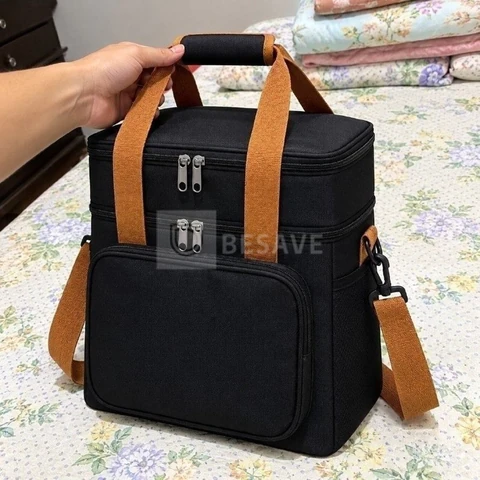Bolsa Térmica Marmita Lancheira Alça Transversal Ajustável Removível 2 Compartimentos Organiza Conserva Seus Alimentos Quente ou Frio Cor Preto Tche Amo