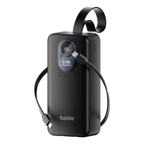 Power Bank Basike 30.000mAh Portátil, Carregamento Rápido 22.5W, com Cabos Embutidos e Display LED para iPhone e Samsung