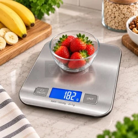 Balança Digital de Cozinha Precisão de 1g a 10kg Premium Resistente à Água em Inox Função Tara Fitness Display LCD Base Antiderrapante Durável Portátil para Alimentos e Dietas + 2 Pilhas AAA
