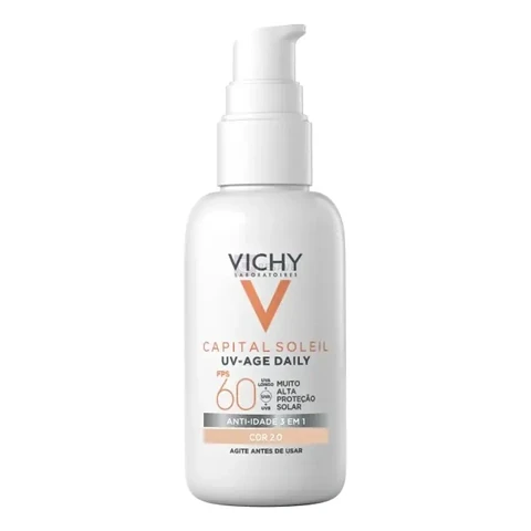 Protetor Solar Facial Anti-Idade FPS60, Ação 3 em 1, Protege, Previne Rugas e Manchas, Toque Seco, Cor 2.0, Capital Soleil UV Age Daily Vichy, 40g