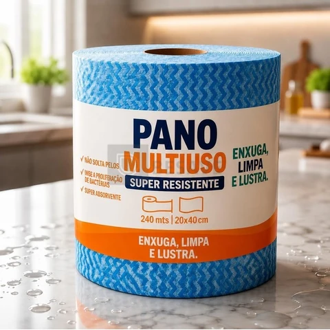 Pano Multiuso Descartável para Limpeza 20CM X 240M, Rolo com 600 Unidades Picotadas, Alta Absorção, Resistente Úmido ou Seco, Ideal para Cozinha, Empresas, Restaurantes e Uso Diário