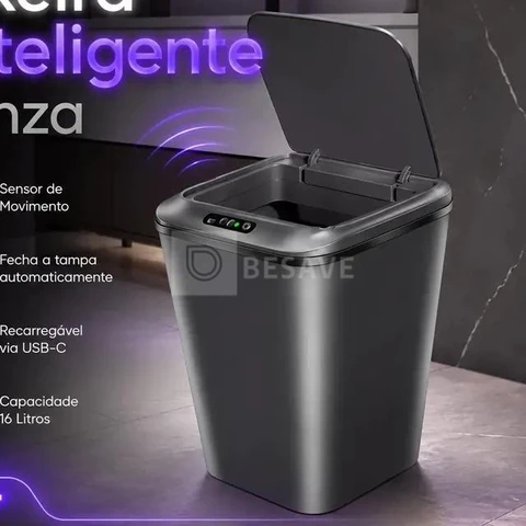 Lixeira Inteligente Sensor Automático 16l Cinza Smart Recarregável Para Banheiro E Cozinha