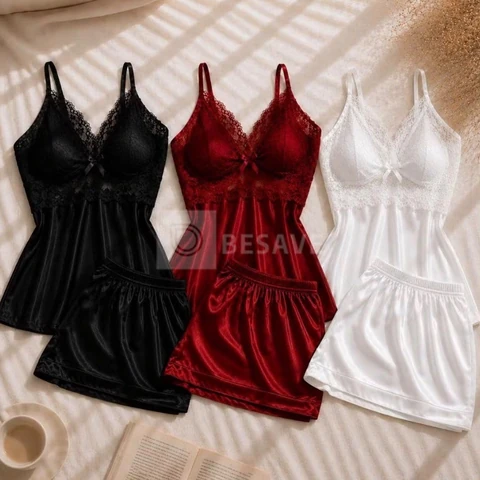 Kit 3 Pijama Baby Doll Feminino Liso Com Renda Sexy Para Dormir Lingerie Sensual Elegante Conforto