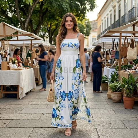 Vestido Feminino Longo Fenda Lateral Estampado Moda Casual