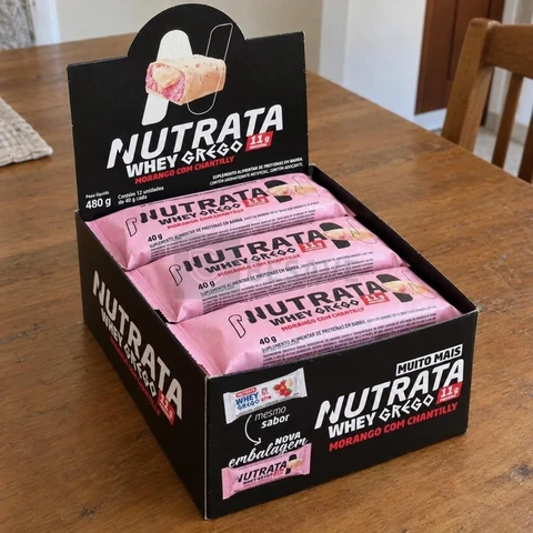 Barra de proteínas Nutrata WHEY Grego 40G sabor Morango com chantilly x 480g 12 un
