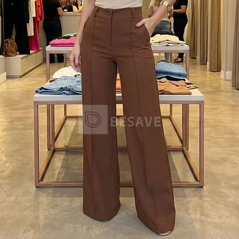 Calça Feminina Alfaiataria Pantalona Cintura Alta Soltinha