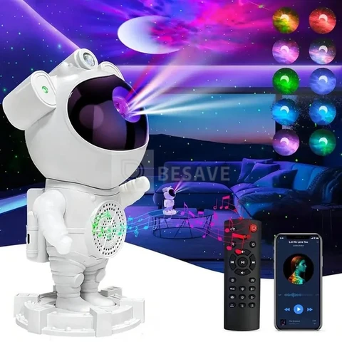 Projetor Astronauta para Teto Galáxia com Caixa de Som Bluetooth e Luz Noturna LED