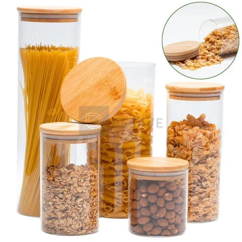 05 Potes de Vidro Hermético Transparente Tampa Bambu Porta Alimentos