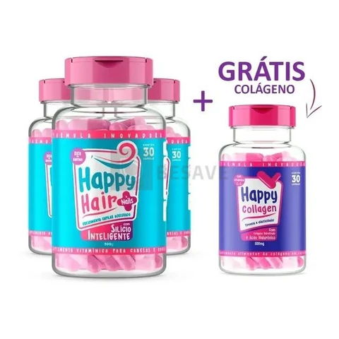 3x Happy Hair + Colágeno Com Ácido Hialurônico
