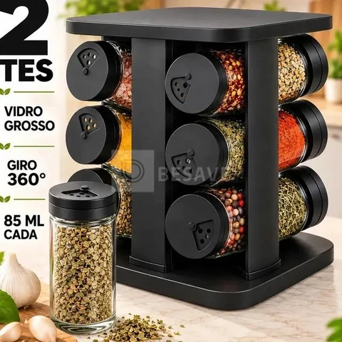 Porta Temperos Giratório 360° 12 Potes Vidro 85ml Tampa Inox Organizador Condimentos Cozinha Suporte Temperos Bancada Mesa Porta Condimento Premium