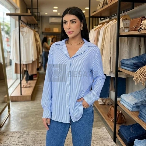 Camisa Social Feminina Clássica Listrada C/ Botões Tendência