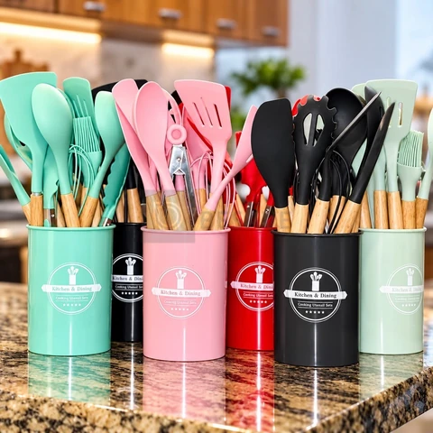 Kit C/12 Utensílios De Cozinha Silicone Cabo Madeira