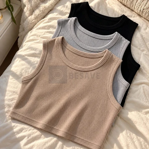 Kit 3 Cropped Regata Feminino Canelado Gola Redonda Blusa