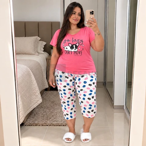 Pijama Pescador Plus Size De Algodão So Lazy Rosê Estampado