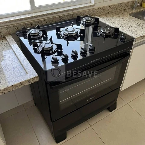 Fogão Atlas 5 Bocas preto Mônaco Top Glass com Acendimento automático