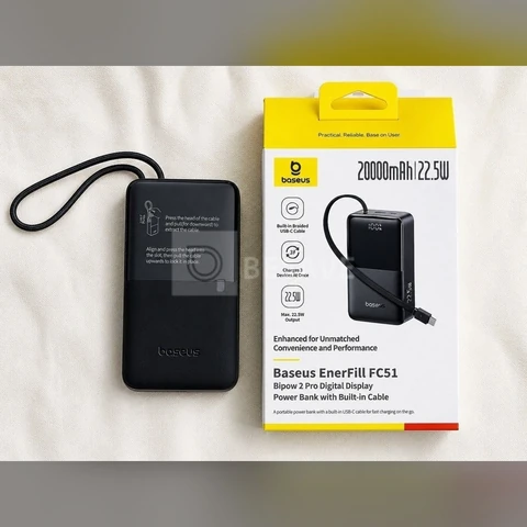 Power Bank Baseus Bipow2 Pro FC51 20000mAh 22,5W Carregamento Rápido Cabo USB-C Integrado Display Digital Carrega 3 Dispositivos Proteção Inteligente Preto
