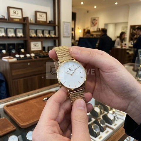 Relógio Feminino Dourado Chelsea Gold 32mm Fundo Branco Saint Germain