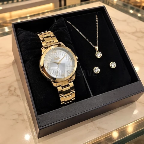 Kit de Relógio Feminino Dumont Dourado com Semijoia Aço e 38 mm