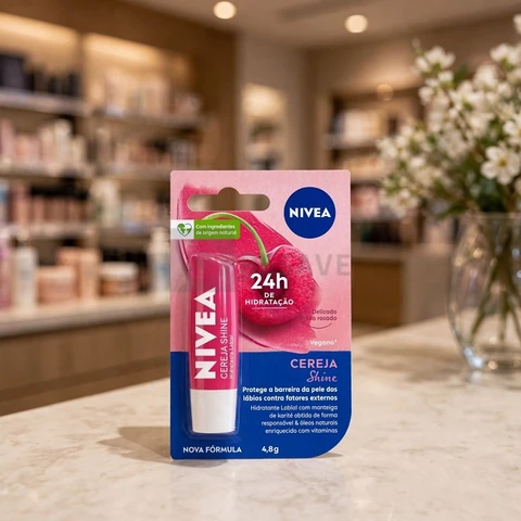 NIVEA Hidratante Labial Cereja Shine 4,8g, Hidratação Intensa 24h, Cor Suave, Brilho Delicado, Cuidado Diário, Manteiga de Karité