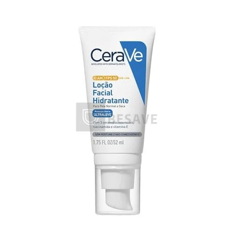 CeraVe AM FPS 50, Loção Facial Hidratante com 3 Ceramidas Essenciais, Ácido Hialurônico e Niacinamida, Proteção UVA/UVB e Hidratação 24h para Pele Normal a Seca, 52g