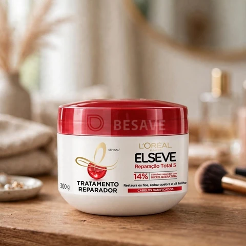 L'Oréal Paris Elseve Reparação Total 5+ Creme de Tratamento, Repara os 5 Sinais de Danos como Quebra e Ressecamento com Cicatri-Ceramida, Recupera, Hidrata e Dá Brilho, 300g