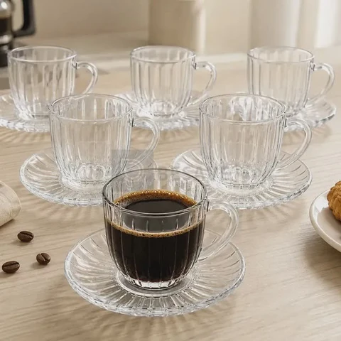Jogo 6 Xícaras De Vidro Canelado Com Pires Cha e Café Espresso 100ml 12 peças