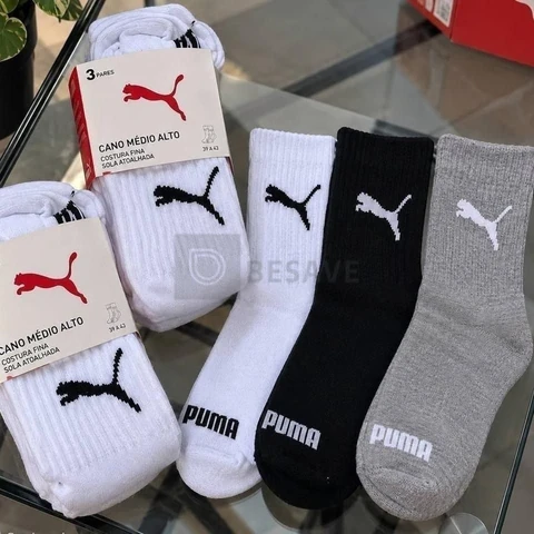 6 Pares Meias Puma Cano Médio Alto Atoalhada Academia Sport