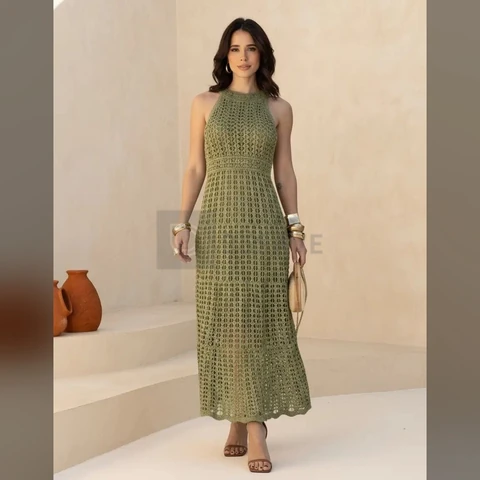 Vestido Lt Tricot Midi Feminino Sem Manga Elegante Moda