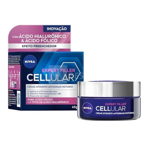 NIVEA Creme Facial Antissinais Cellular Filler Noite 49g, Hidratação Intensa 48h, Pele Firme, Preenche Rugas, Ácido Hialurônico, Cuidado Noturno