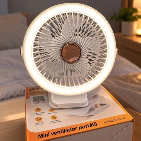 Ventilador Portatil Recarregavel 2400mah Led 5 Velocidades Cor Branco