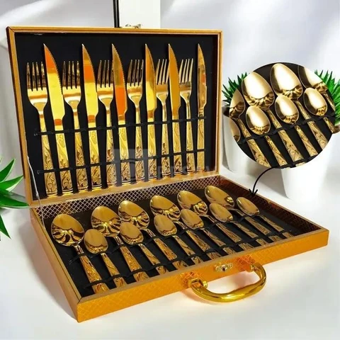 Faqueiro Dourado Luxo Jogo Talheres Inox 24pçs + Maleta