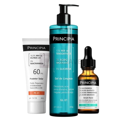 Principia Kit Anti-Acne Trio Gel de Limpeza GL-01 + Sérum Mix-01 + Protetor Solar Facial PS-01