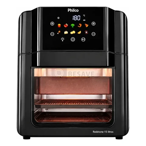 Philco PAF15C Fritadeira Air Fryer Oven 15 Litros Revestimento Redstone Porta Removível Luz Interna 10 Funções Preta