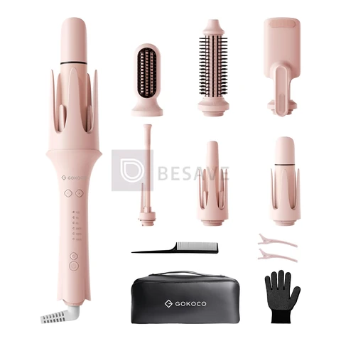 GOKOCO Prancha elétrica alisadora e modeladora de cachos 7 em 1,GD047 Escova Alisadora e Modeladora com Íons Negativos,Kit com 7 Acessórios, Aquecimento Rápido PTC,Temperatura Ajustável, Modelador de Cabelo Profissional,Rosa