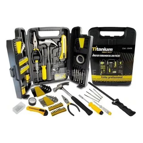 Kit Ferramentas 200 Peças c/ Maleta Titanium - Chaves, Alicates, Martelos, Serra - Aço Carbono - DIY Oficina Casa