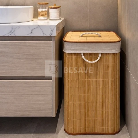 Cesto de Roupa Bambu Retangular de 72L com Tampa e Forro de Linho