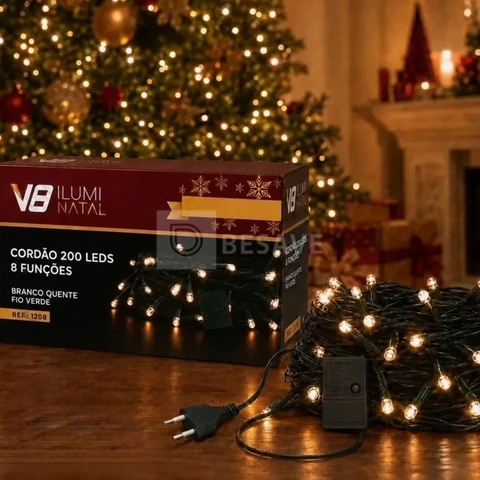 Cordão 200 Leds Pisca 20 Metros 8 Funções V8 Natal Fio Verde