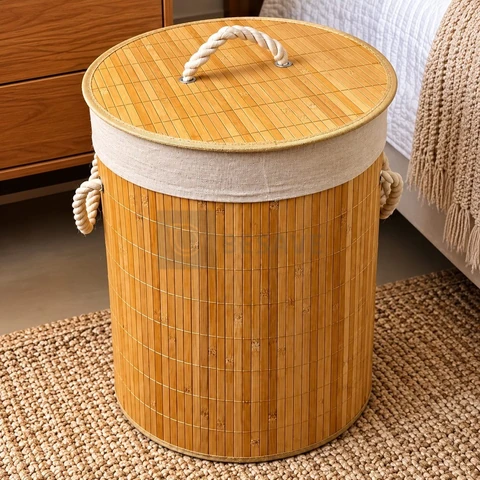 Cesto De Roupa Suja Redondo De Bambu 60 Litros Alto Moderno