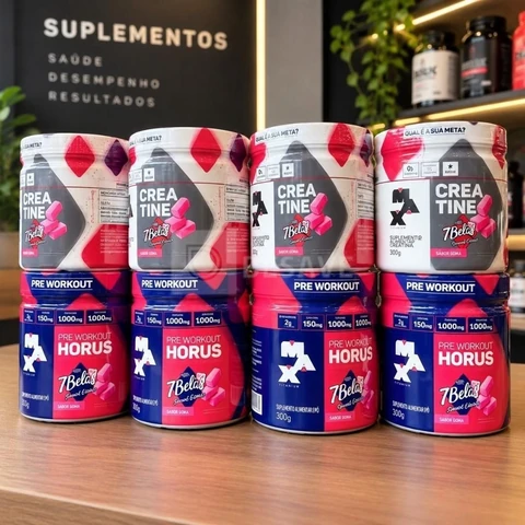 Kit Pré Treino Hórus 7 Belo + Creatina 7 Belo Max Titanium 300g Framboesa 150mg Cafeína Energia Força Performance