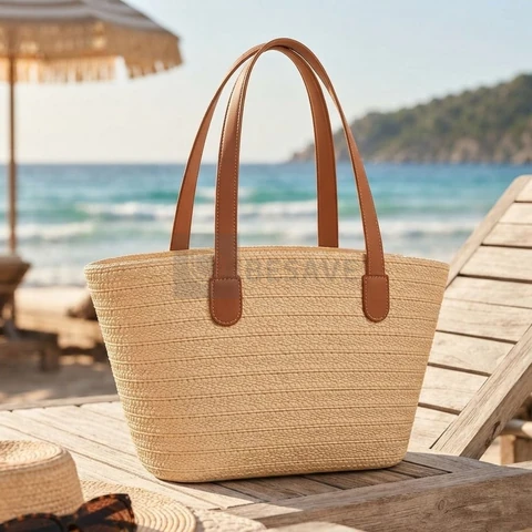 Bolsa Palha Praia Feminina Grande Verão Piscina Sacola Luxo Acambamento dos ferragens Metal Cor Areia Correia de ombro Marrom Desenho do tecido Lisa