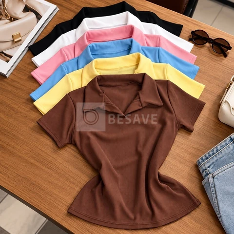 Kit 4 Camisa Gola Polo Feminina Canelada Manga Curta Lisa