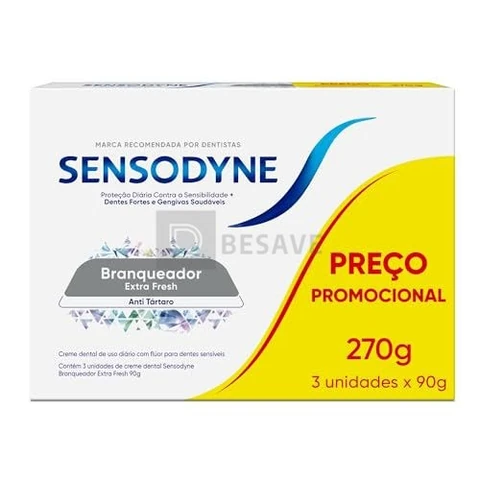 Sensodyne Creme Dental Branqueador Extra Fresh com Flúor, Leve 3 e Pague 2, Anti Tártaro, Contra Sensibilidade, 90g cada