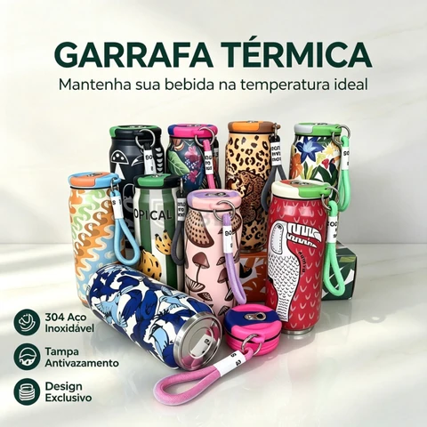 Garrafa térmica tampa de aço inoxidável com estampa criativa e copo térmico portátil e moderno para água 600ml 700ml 902