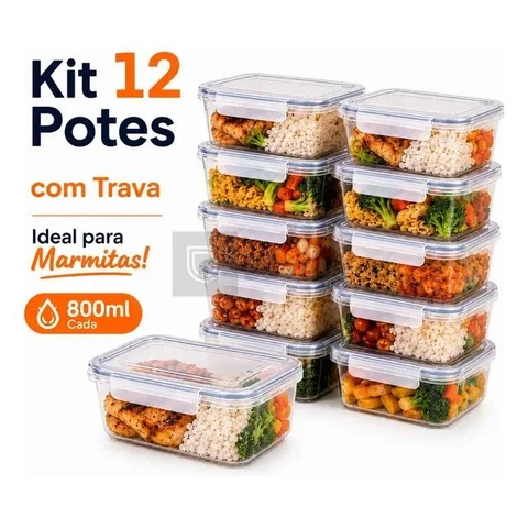 Kit 12 Potes Marmita Com Trava Lateral Freezer Microondas